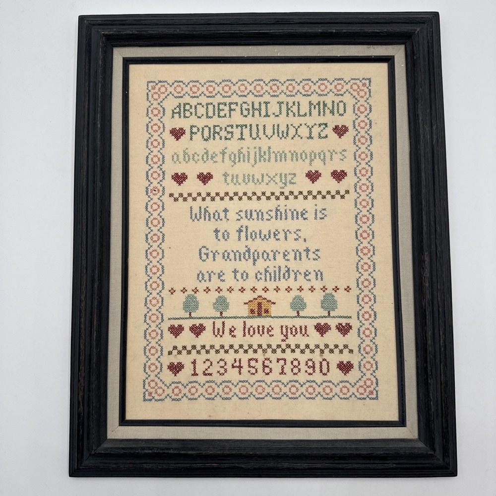 Vintage Wood Framed ALPHABET SAMPLER 16.5x20.5 Cross Stitch Embroidery Family